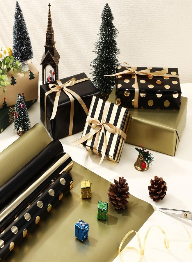 Supervitae 4 Rolls Black and Gold Wrapping Paper Roll 17 Inch x 10 ft Mini Roll Solid Color Striped Polka Dot Design Gift Wrap for Birthday Christmas Father's Day Men Husband Wedding Party - Image 5